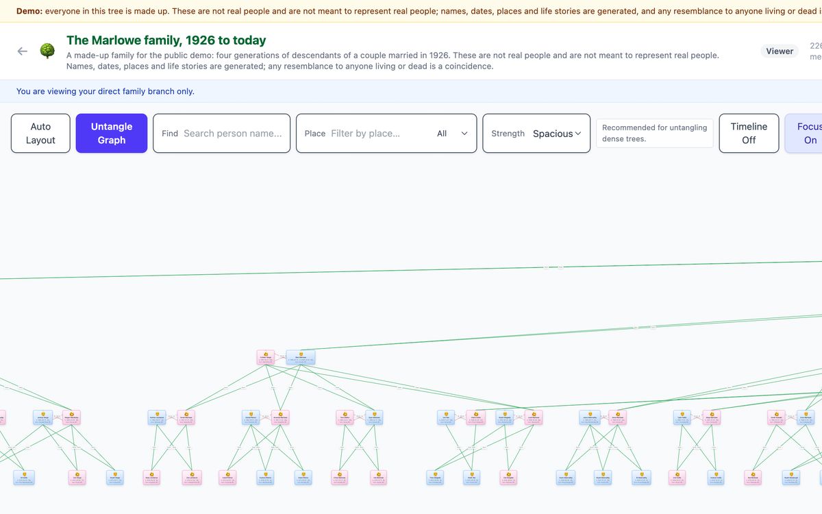 The family tree app showing a made-up family of 226 people: couples in rows with lines down to their children, and a toolbar with layout, search, place filter, timeline and focus controls.